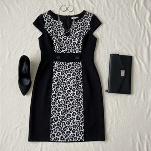 Studio One New York 10P Black White Leopard Print Sheath Cap Sleeve Dress